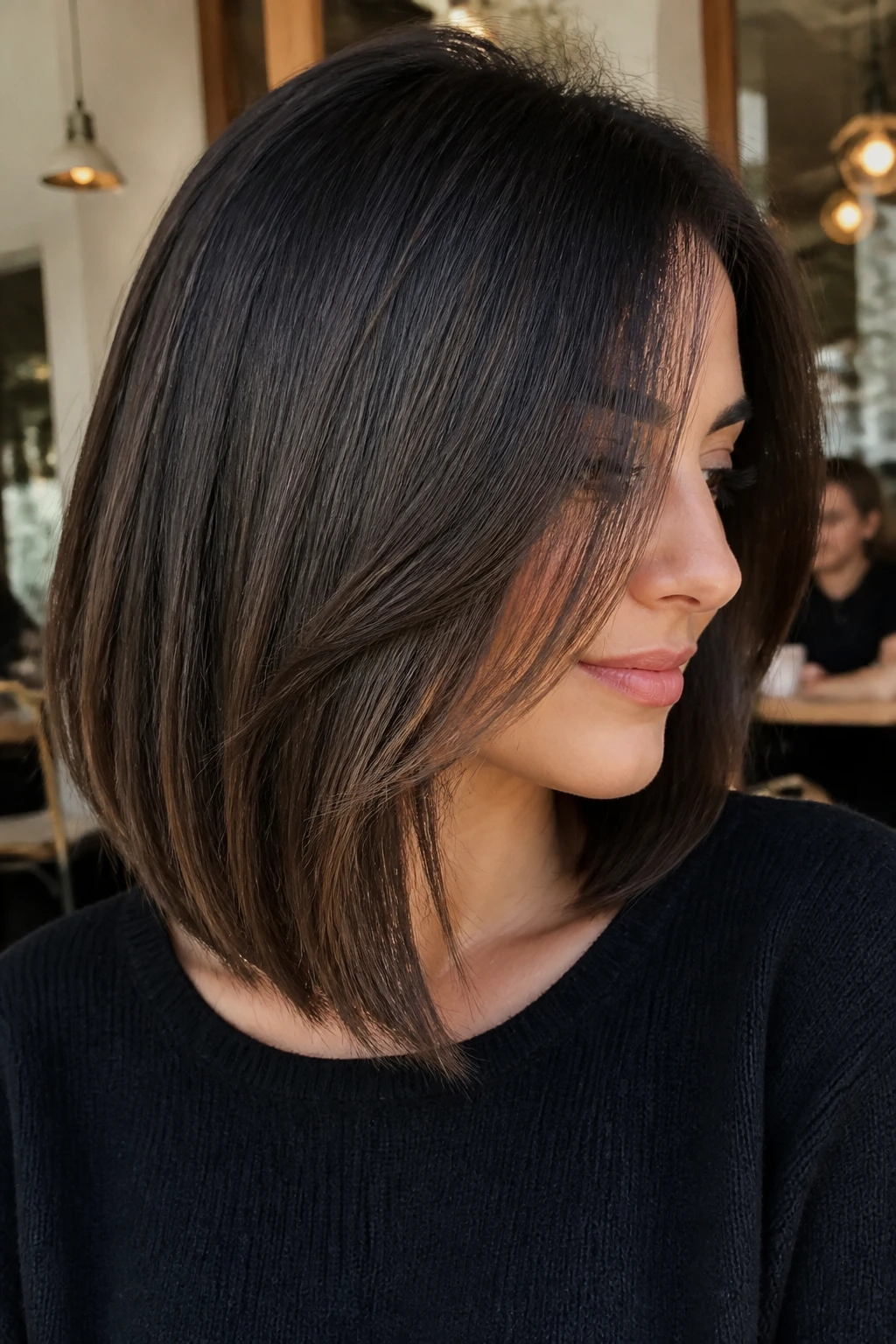 Portrait of a real woman with invisible-layer lob and clean outer perimeter