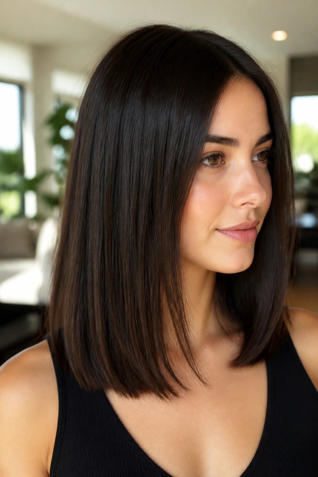 Close-up of a real person with an invisible-layer lob and blunt outer edge