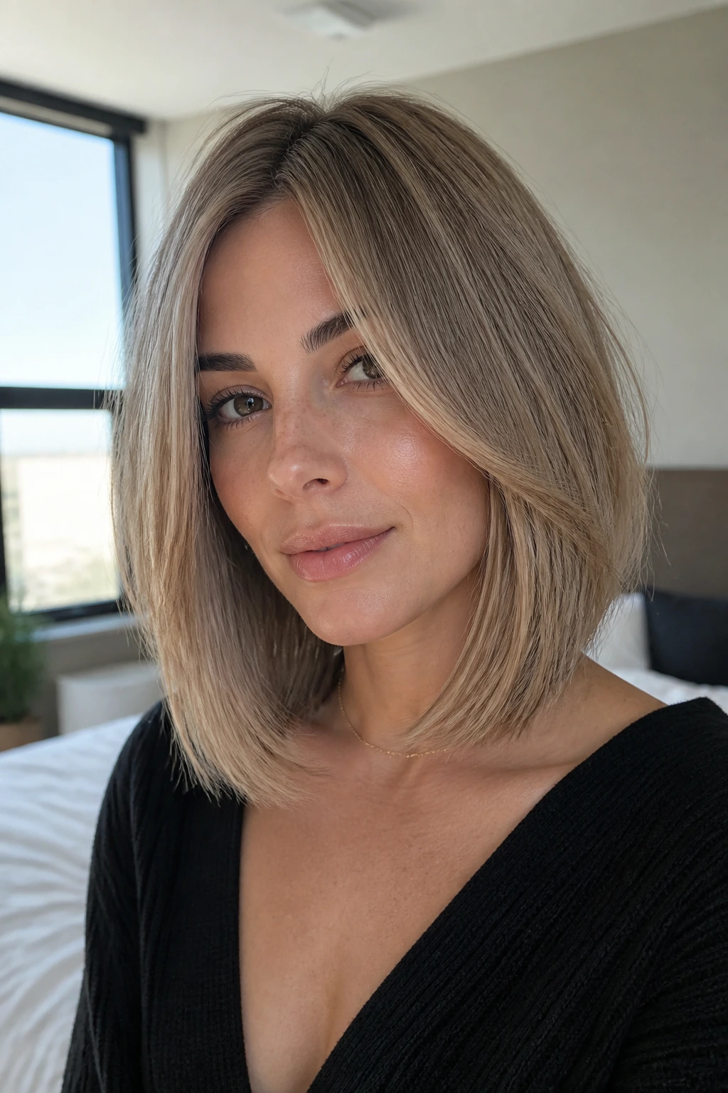 Close-up of a real woman with invisible-layer lob for fine hair and subtle lift