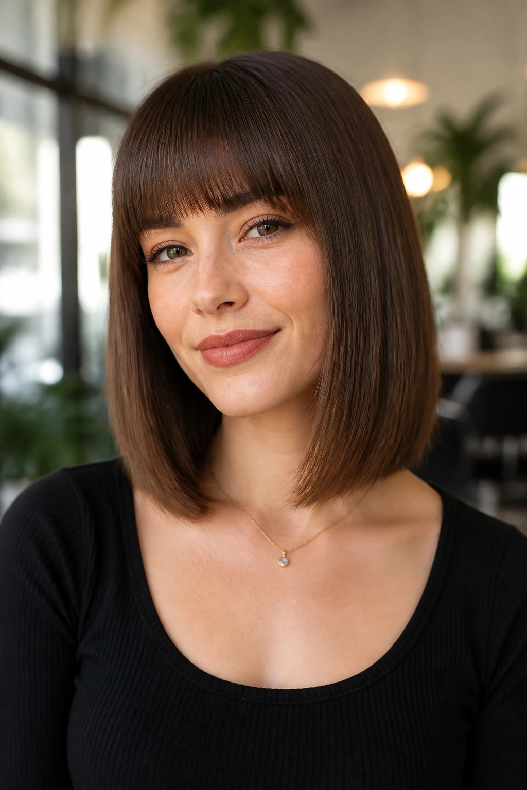 Head-and-shoulders portrait of a real woman with an invisible-layer lob fringe