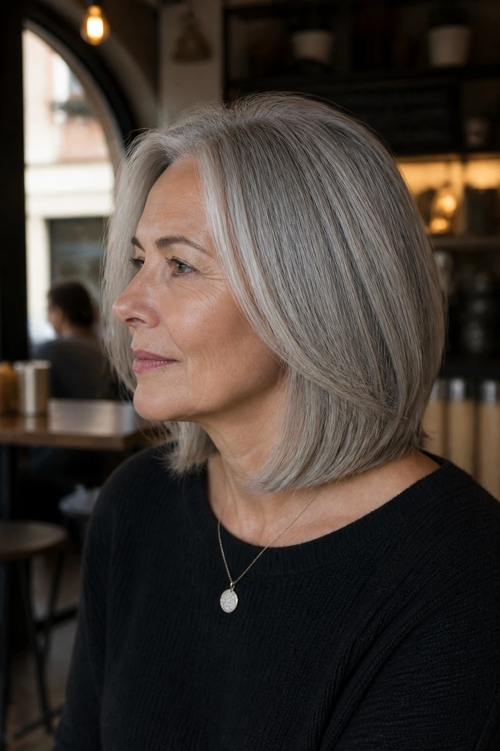 Side portrait of an older woman with invisible-layer lob in a cafe setting