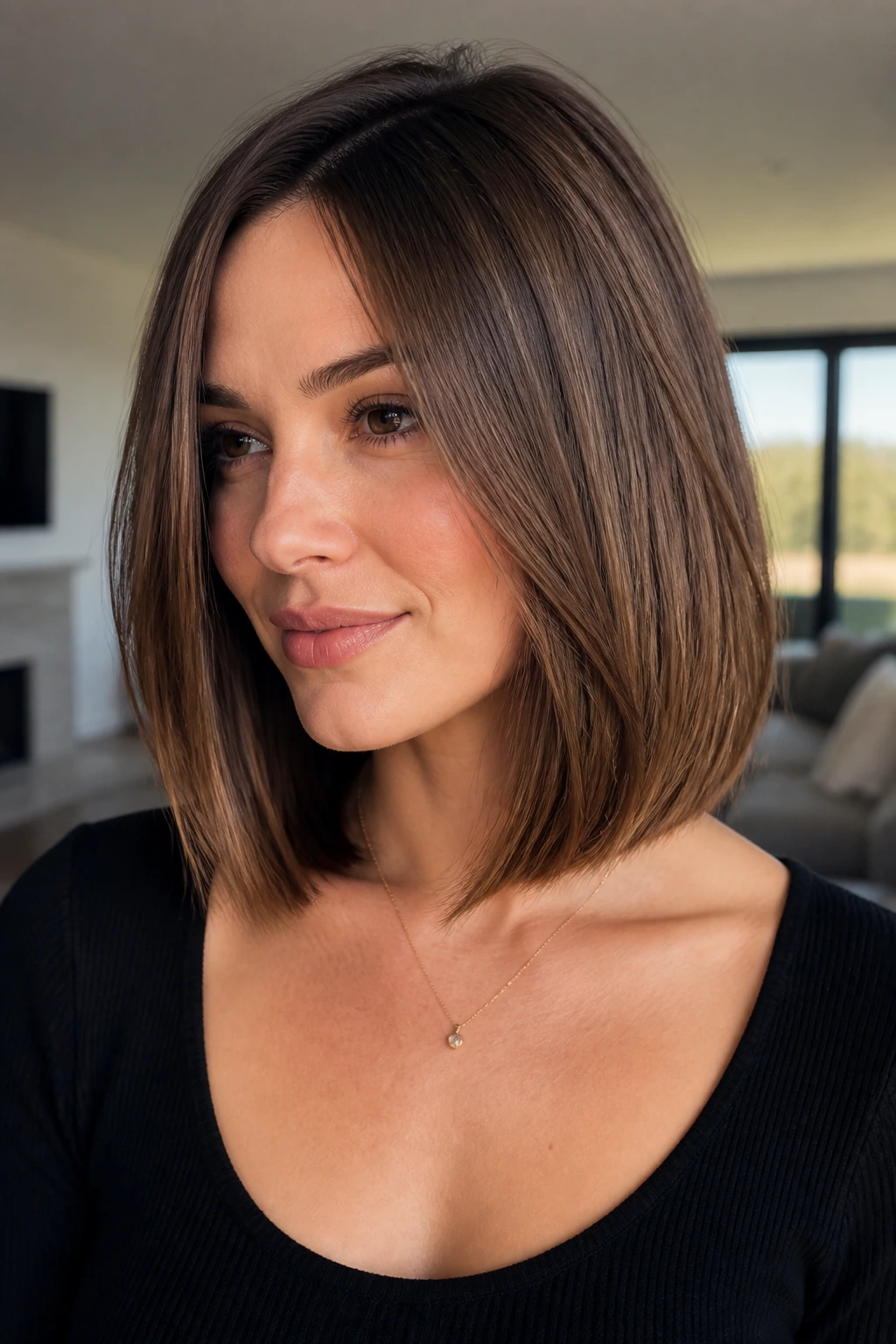 Real woman with invisible-layer lob showing internal layering