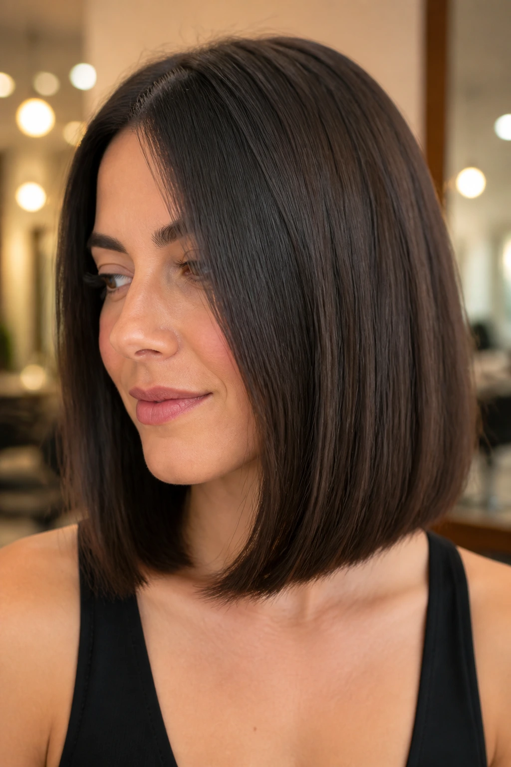Close-up of a real woman with an invisible layer lob and smooth silhouette