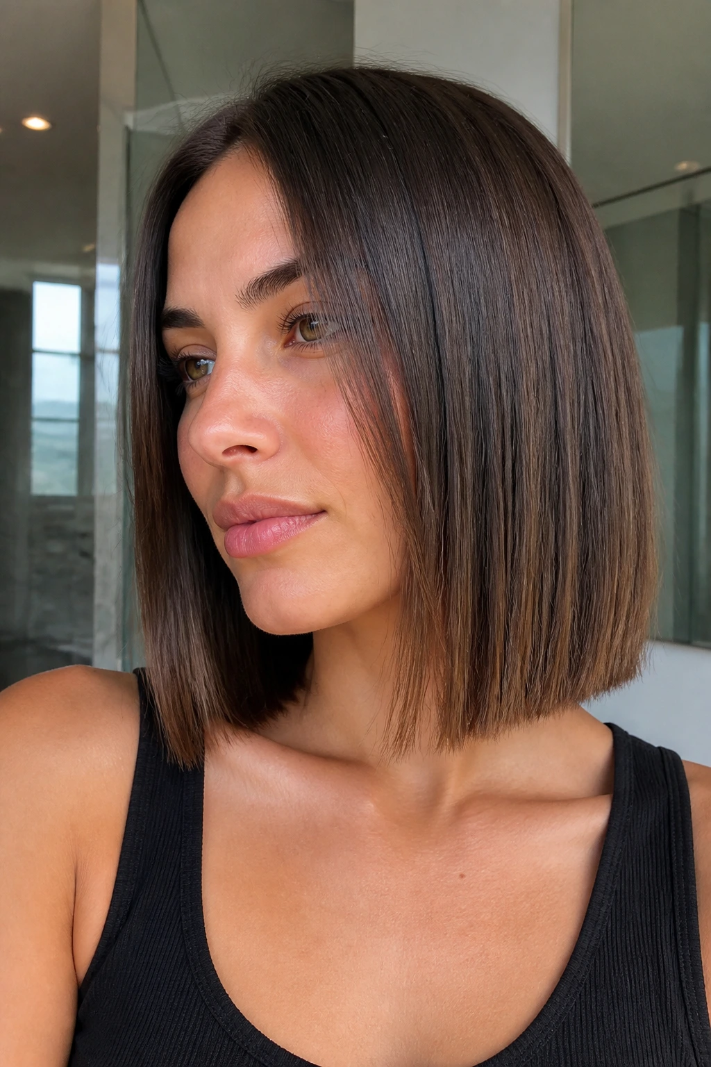 Close-up of a real woman with an invisible-layer lob in soft natural light