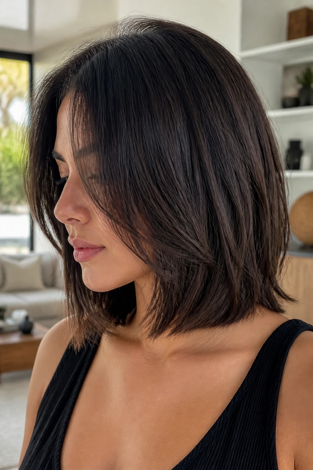 Portrait of a real woman with invisible-layer lob and clean perimeter.