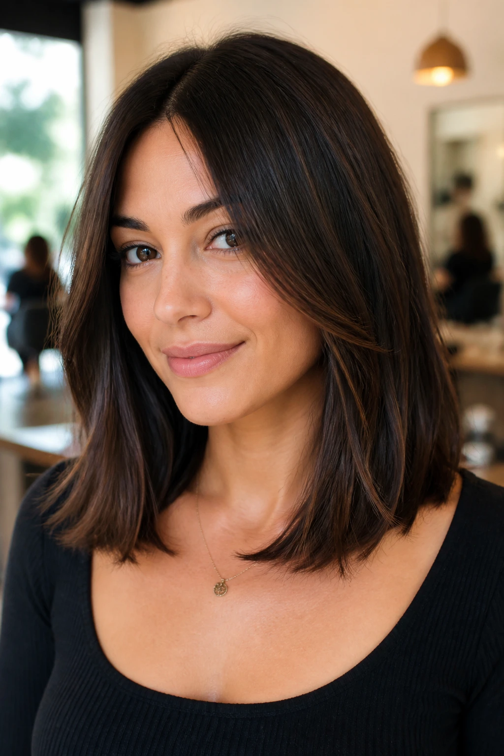 Close-up of real woman with invisible-layer lob in warm salon light