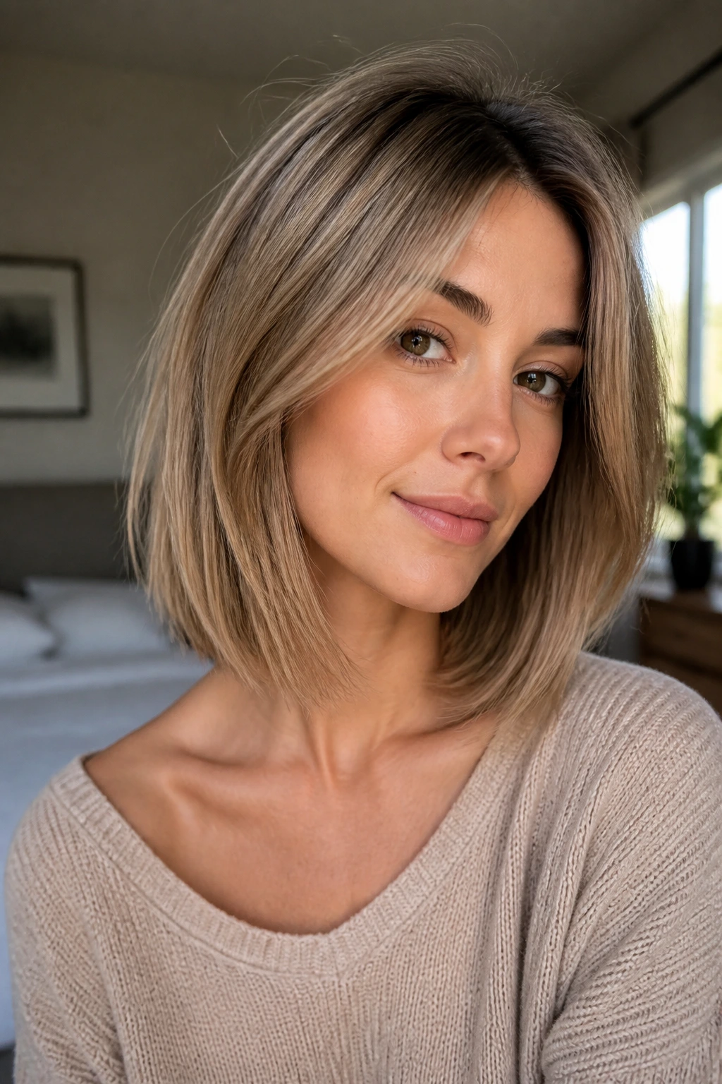 Close-up portrait of a real woman showing The Invisible-Layer Lob with subtle lift in natural window light