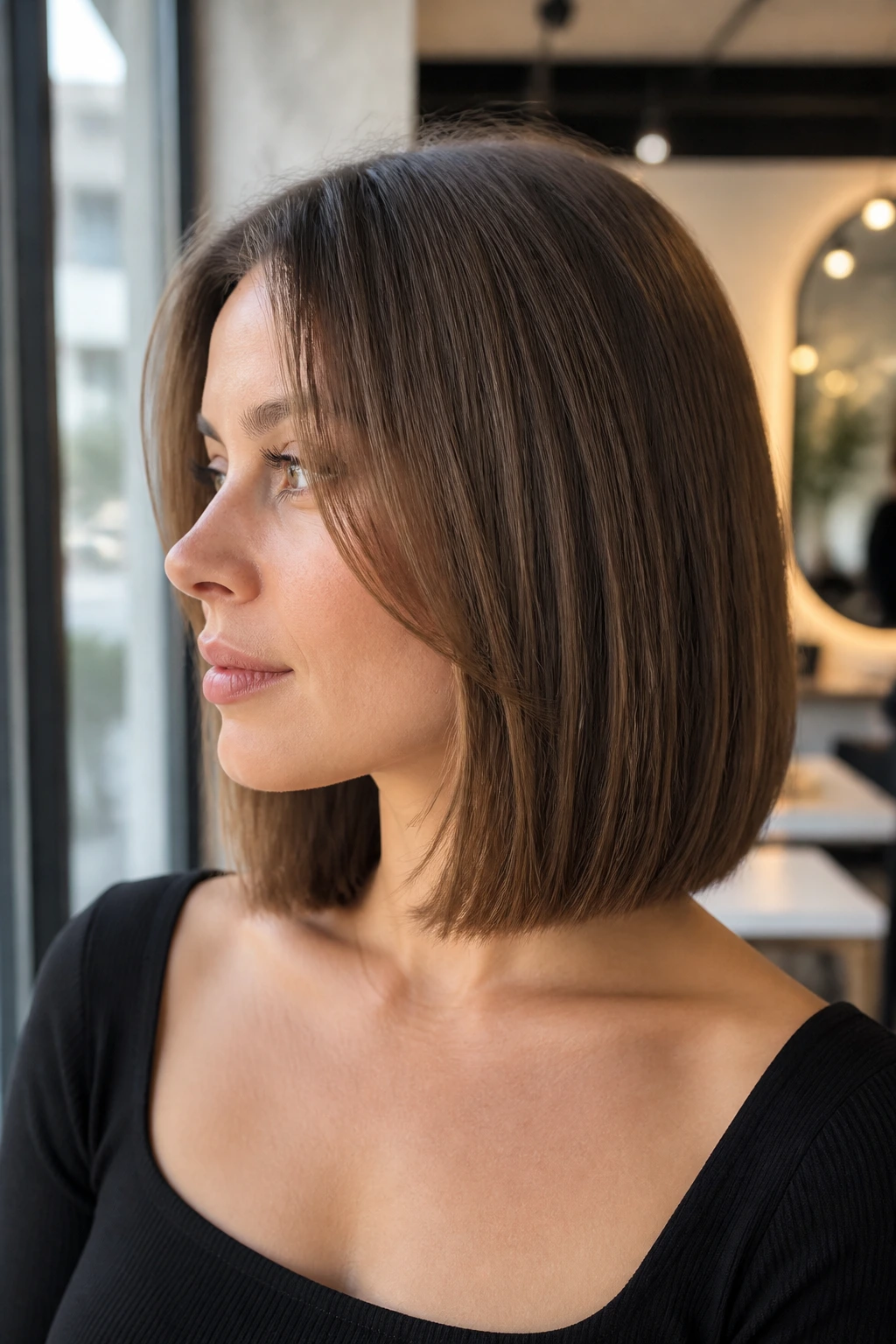 Close-up of a real woman with an invisible-layer lob showing crown lift and blunt surface