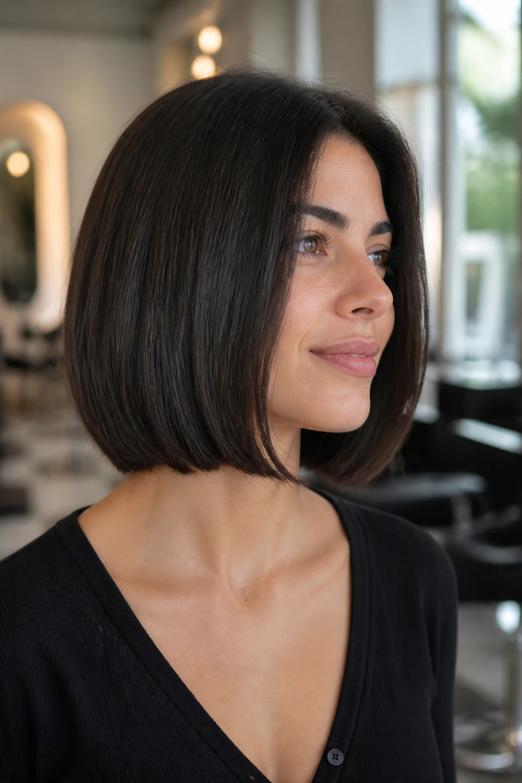 Close-up portrait of a real woman with an invisible-layer lob showing blunt exterior and hidden inner layers