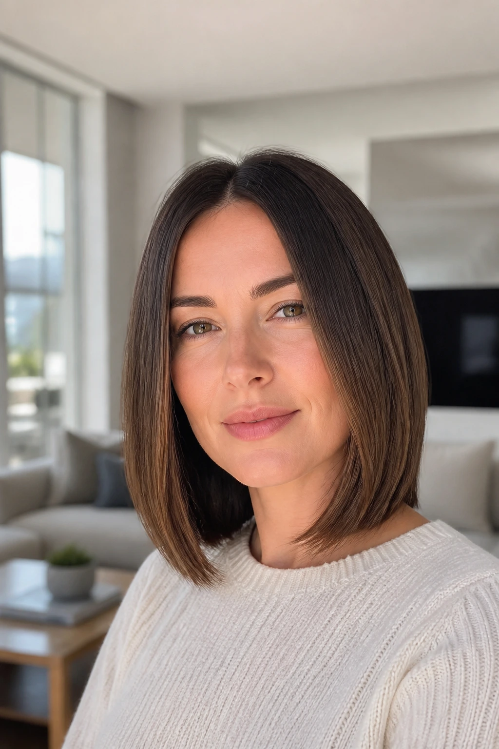 Portrait of a woman with an invisible-layer lob, smooth outer line and hidden interior lift.