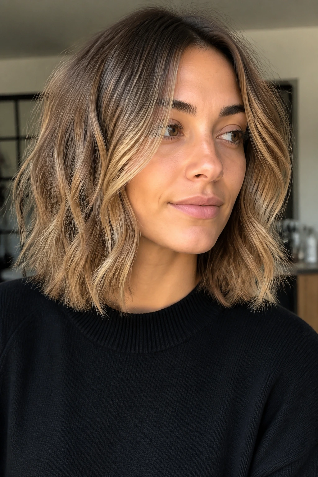 Close-up portrait of a real woman with an invisible-layer lob