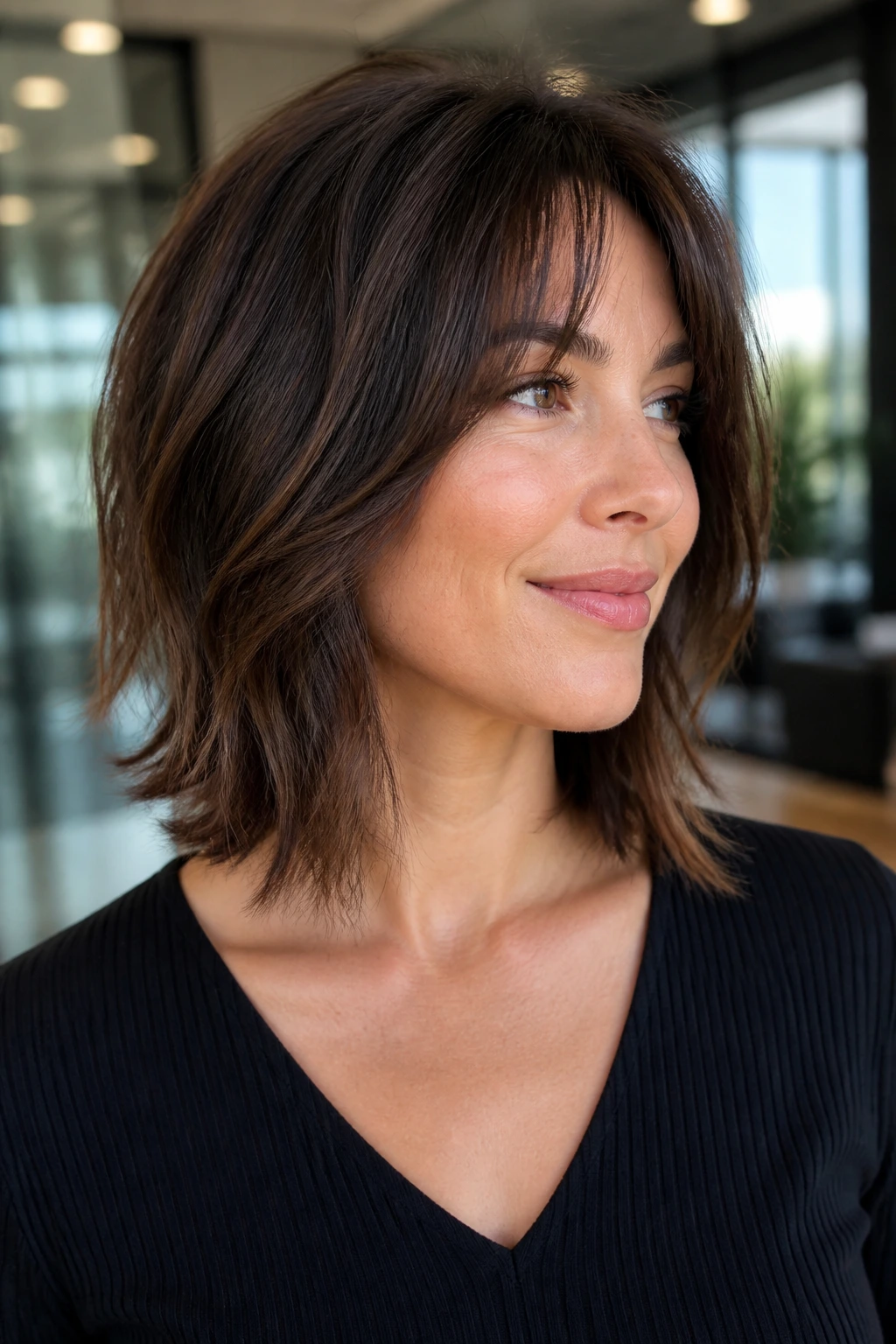 Portrait of a real person with an invisible-layer lob shag showing hidden layers
