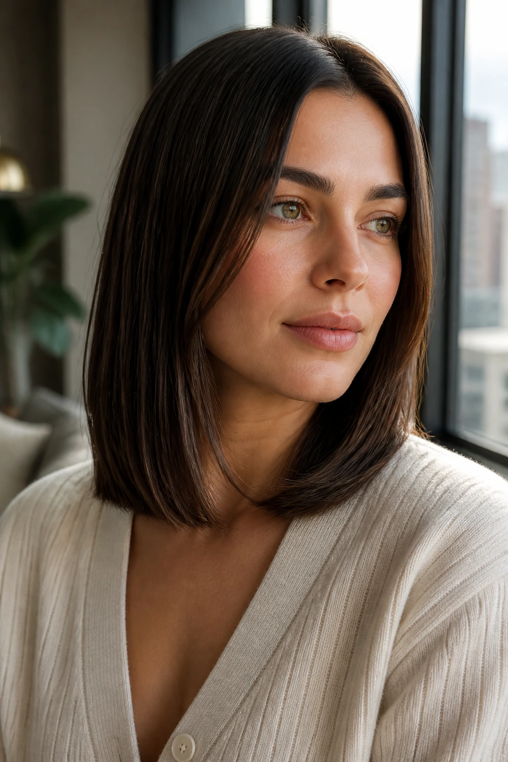 Close-up portrait of a real woman with an invisible-layer lob hairstyle