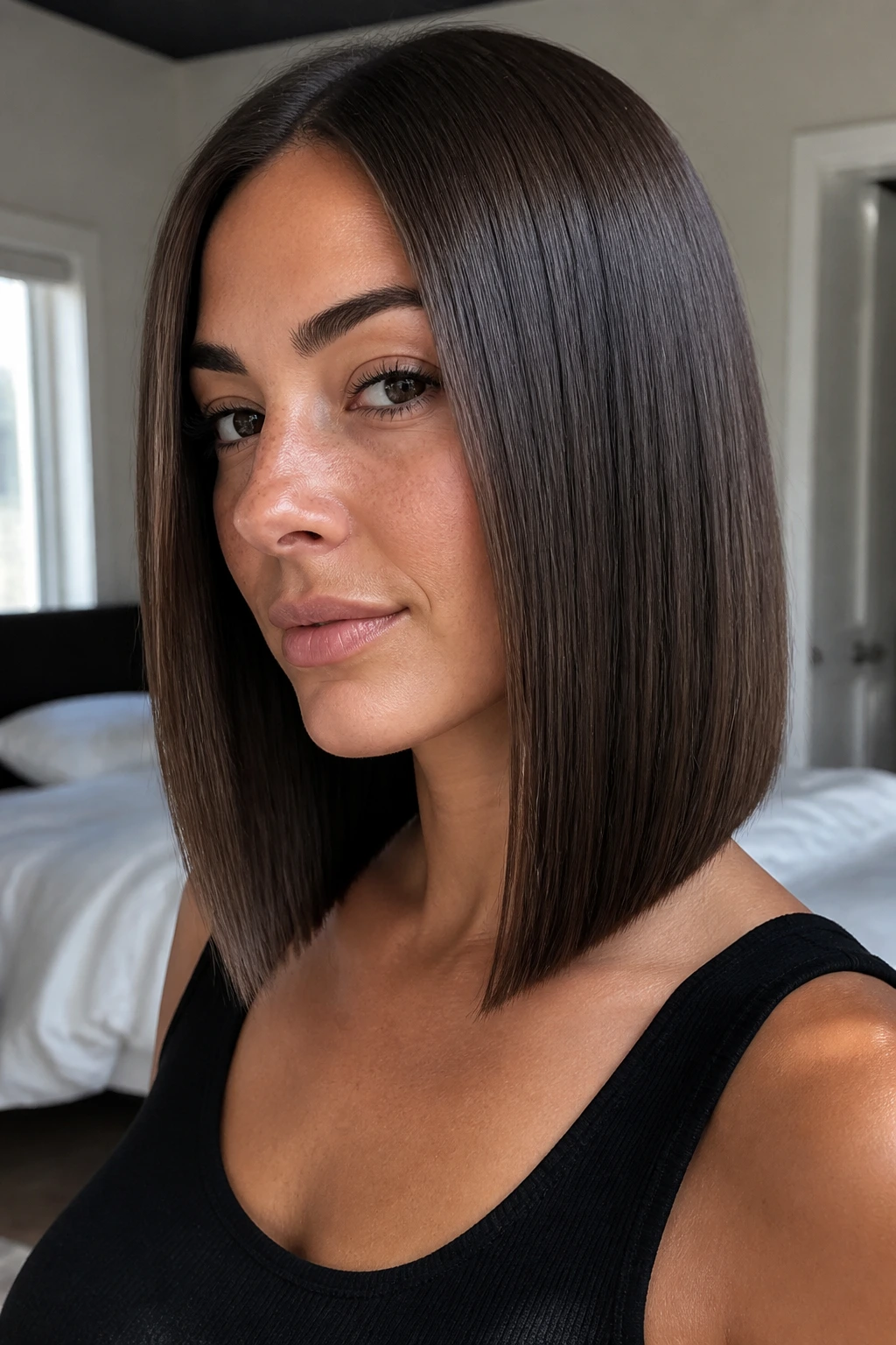 Real person with invisible-layer lob showing a smooth outer silhouette