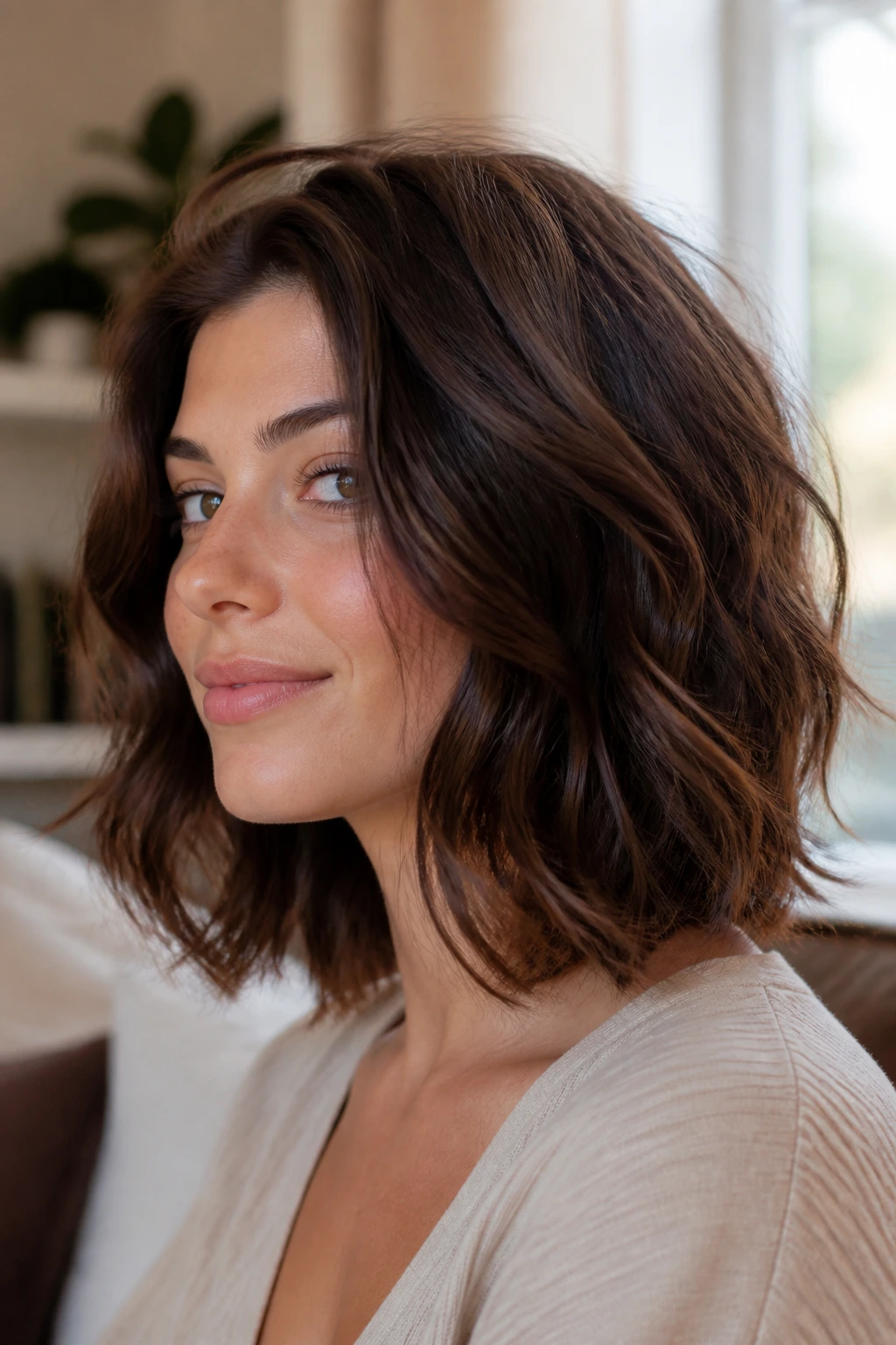 Close-up portrait of a real woman with an invisible-layer lob on thick, wavy hair