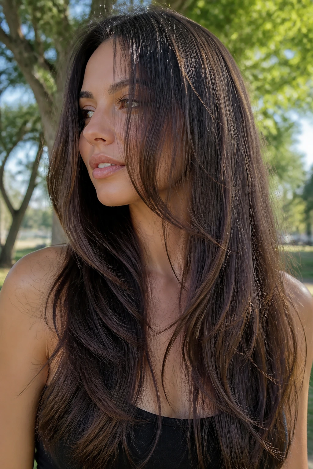 Close-up of a real woman with Invisible-Layer Cut for Long Hair showing subtle layers and movement