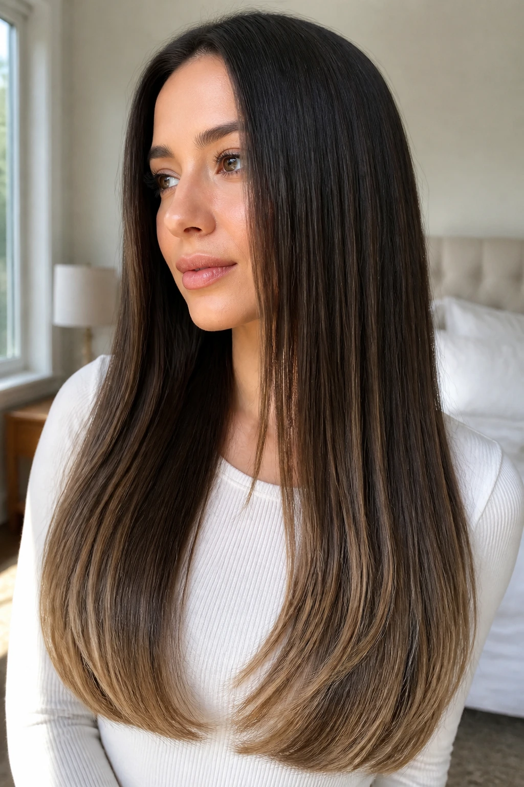 Close-up of a real woman with long hair showing invisible layers at the ends.