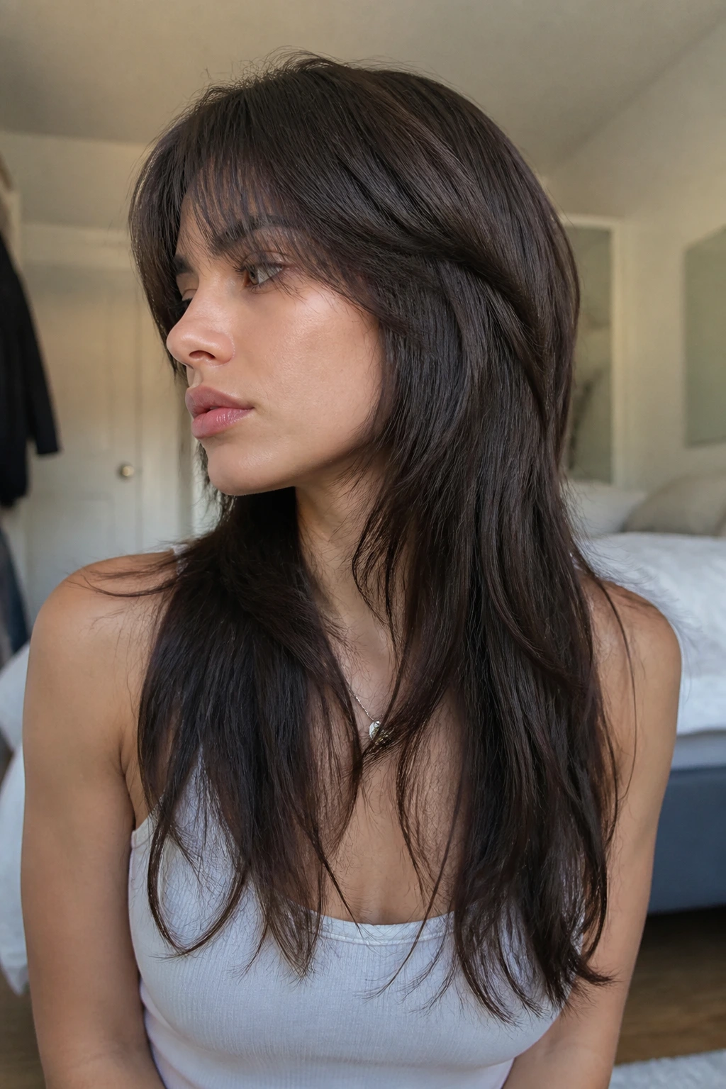 Close-up of real person with invisible layer mullet in bright morning light