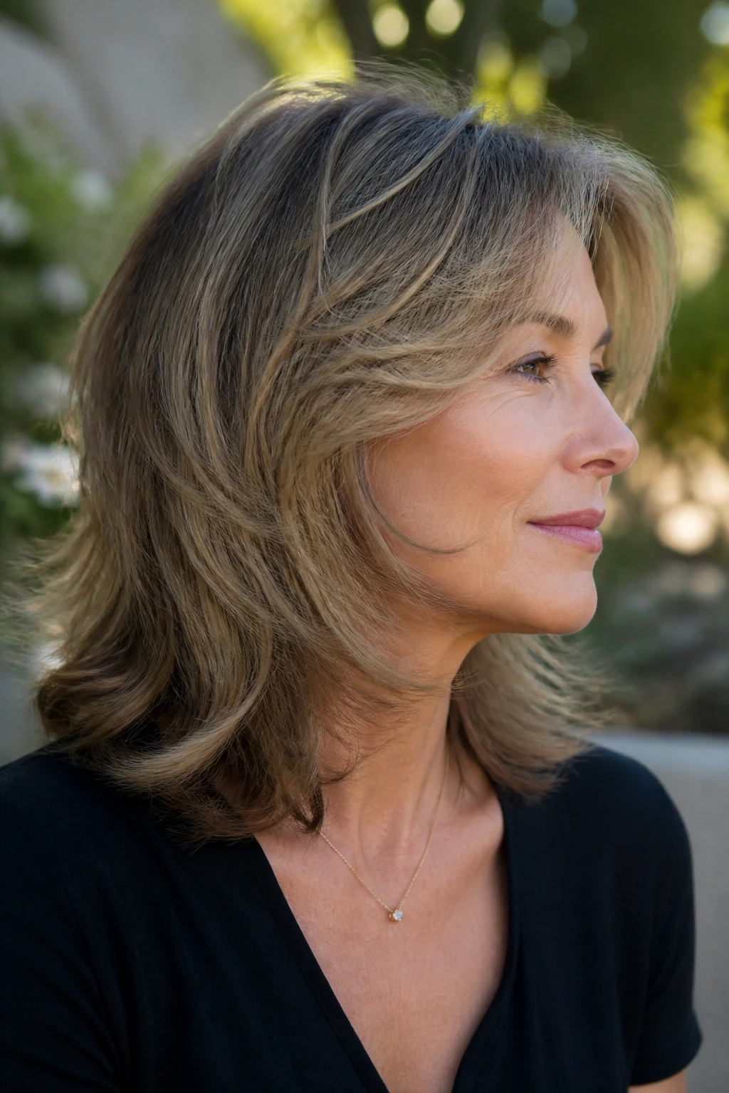 Close-up of a real woman with invisible-layer shag outdoors