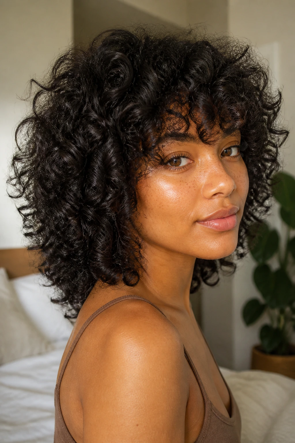 Close-up of invisible-layer shag on curly hair