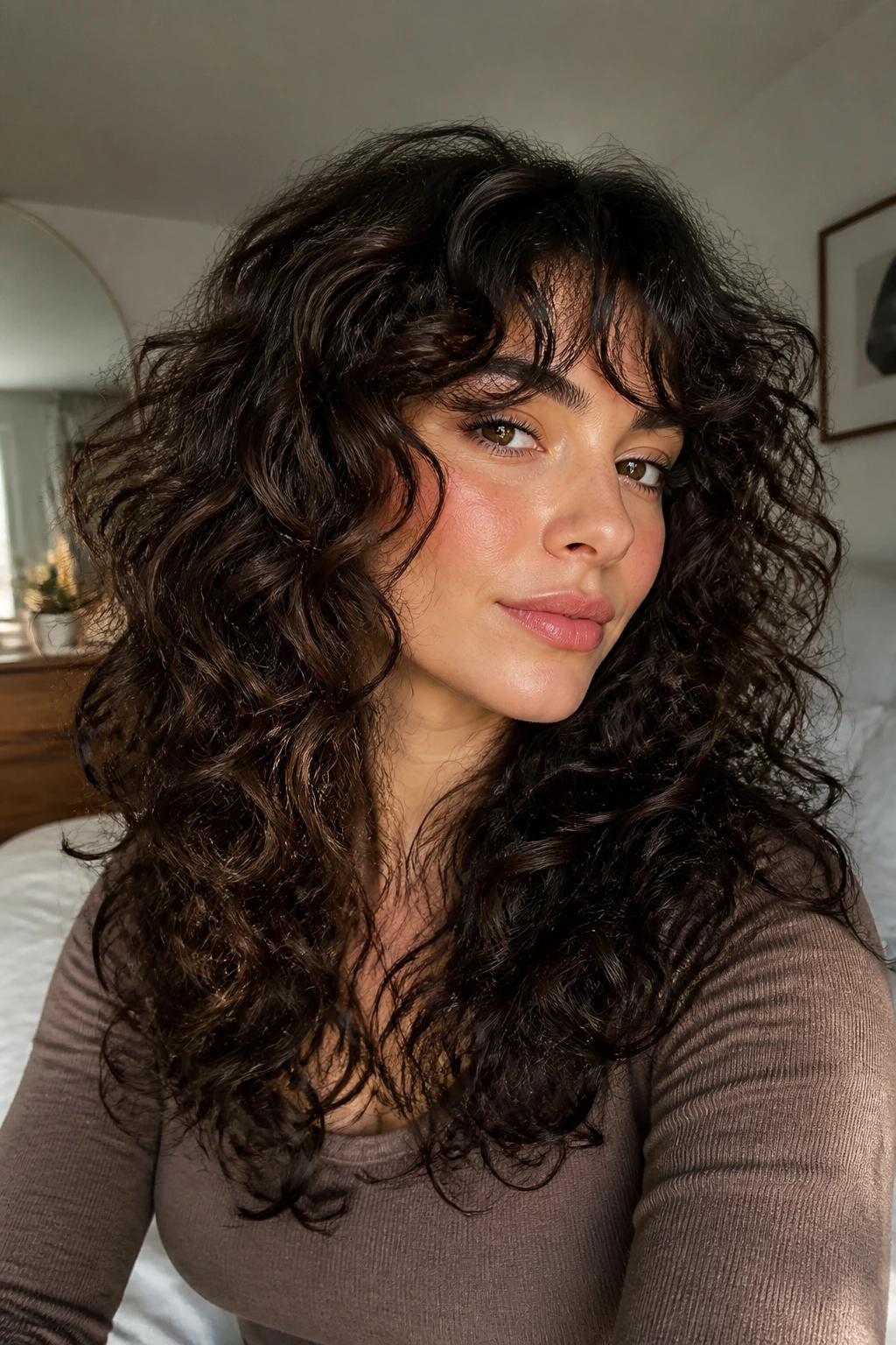 Portrait of a woman with invisible-layer shag showing inner movement in curls