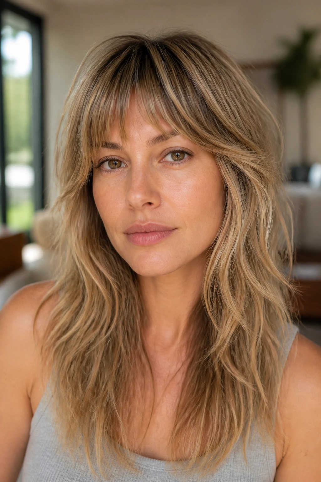 Portrait of a real woman with feathered fringe and invisible layers, in natural daylight