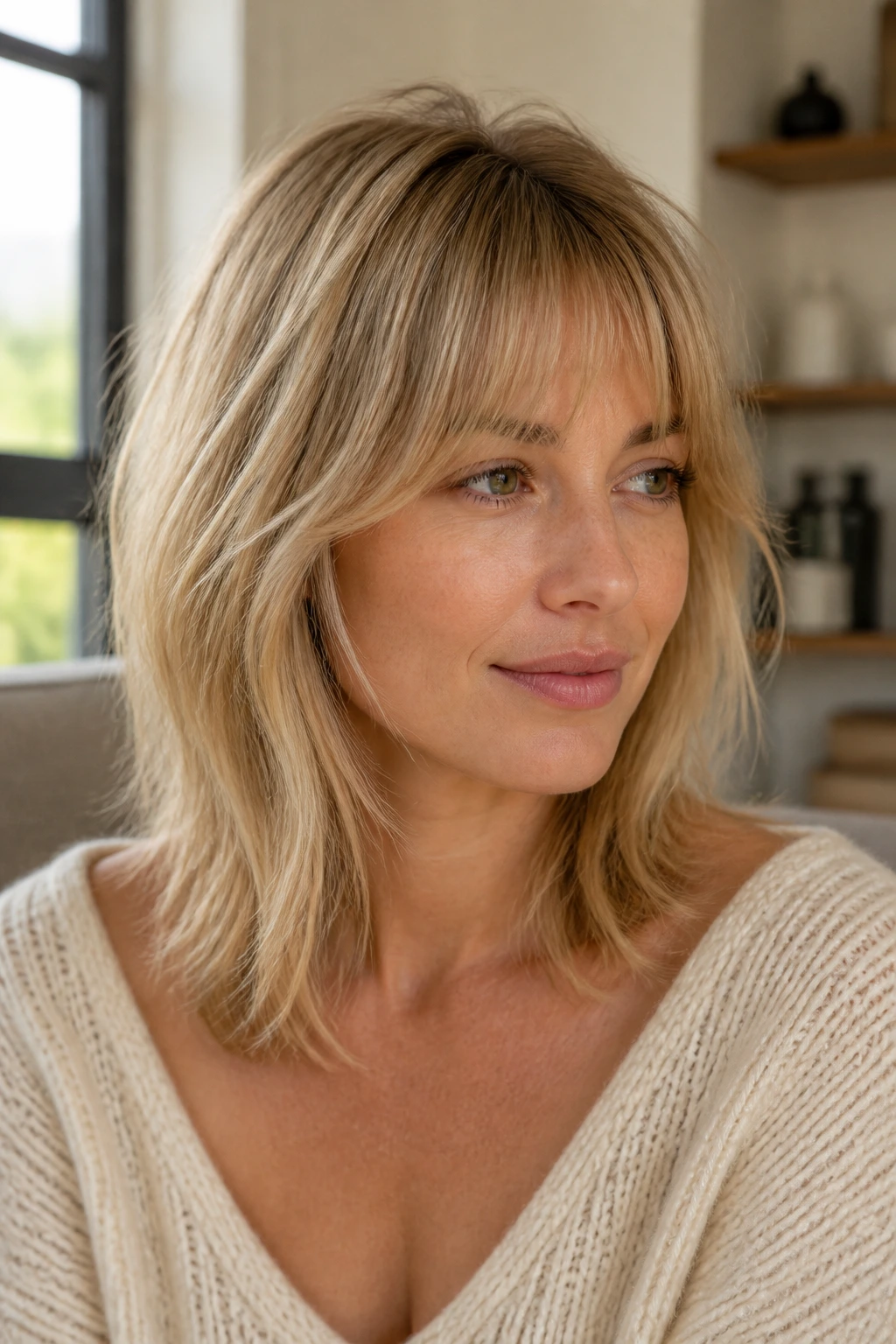 Close-up of a woman with fine hair styled in an invisible-layer shag, crown lift and soft mid-length layers, warm window light.