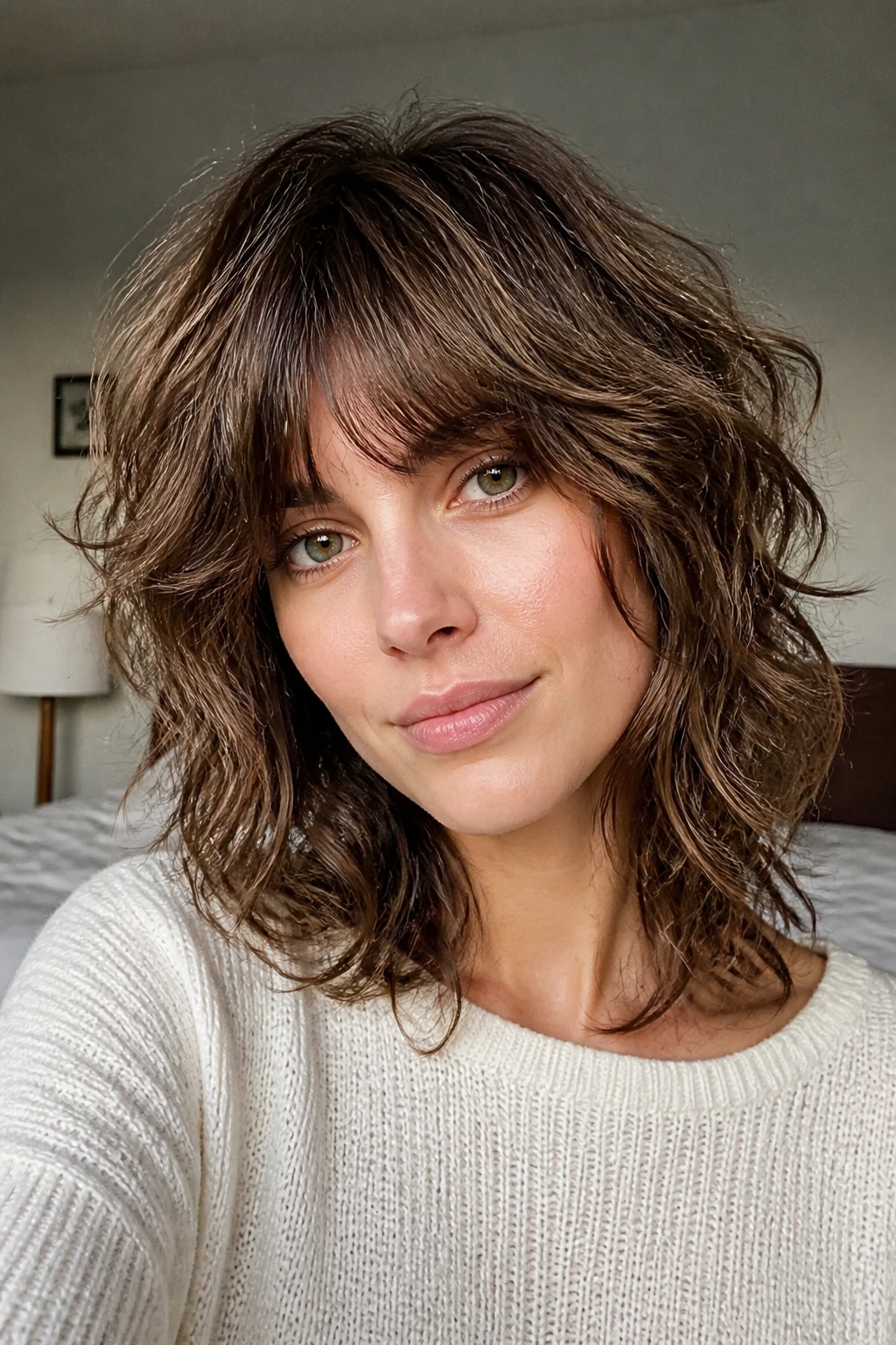 Close-up of real woman with invisible-layer shag on fine waves