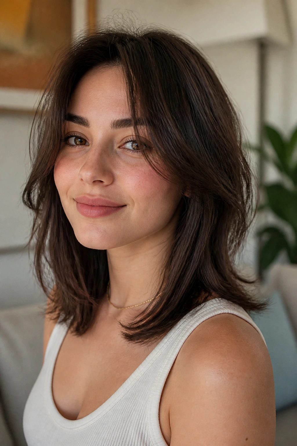 Close-up portrait of a real person with Invisible-Layer Shag and clean perimeter under gentle home lighting.