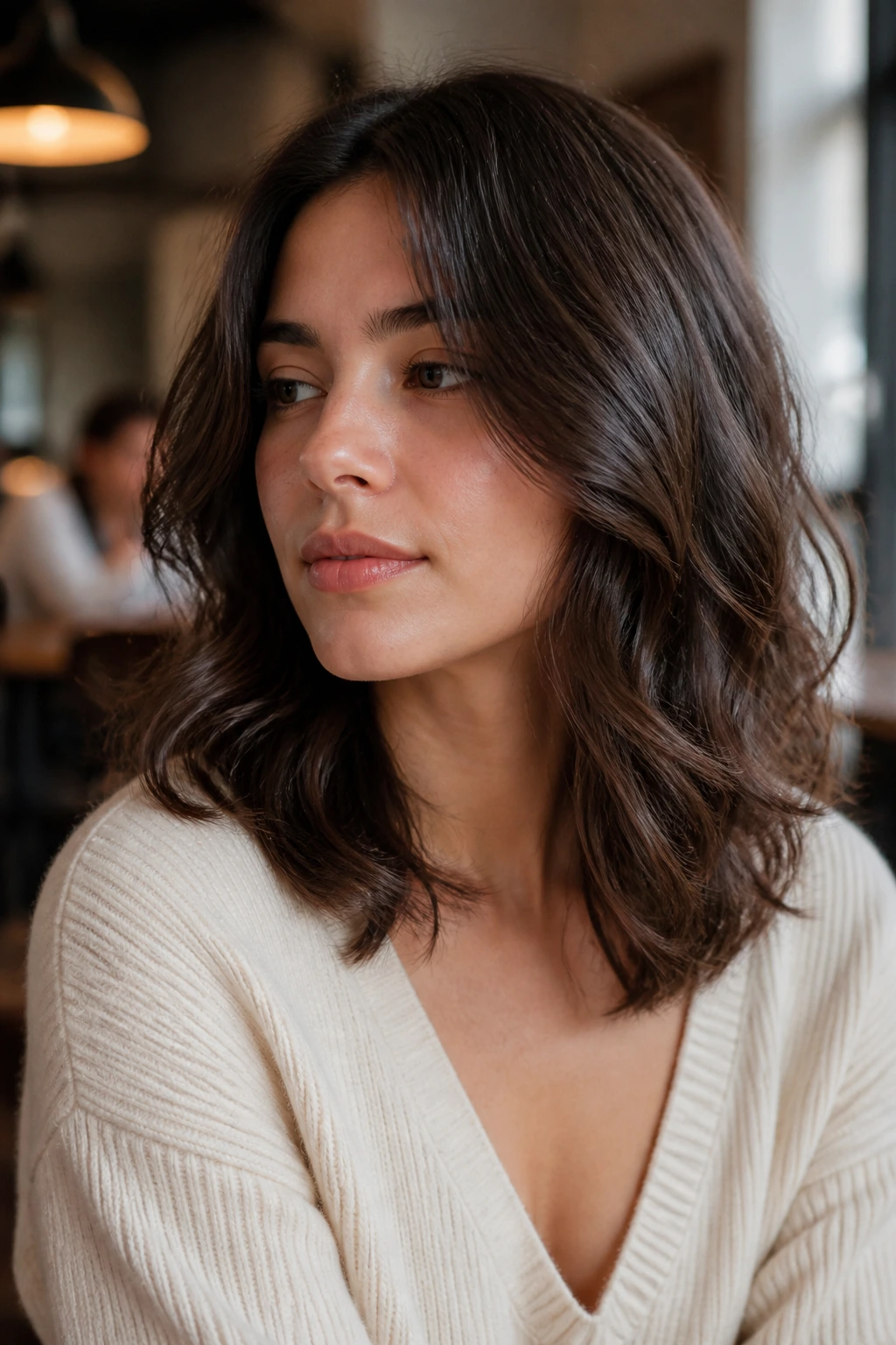 Real person with invisible layer shag showing hidden layers and clean outer silhouette