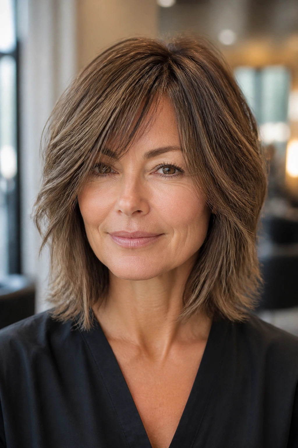 Close-up portrait of a real woman with invisible-layer lob shag, shoulder-grazing length and subtle crown movement.
