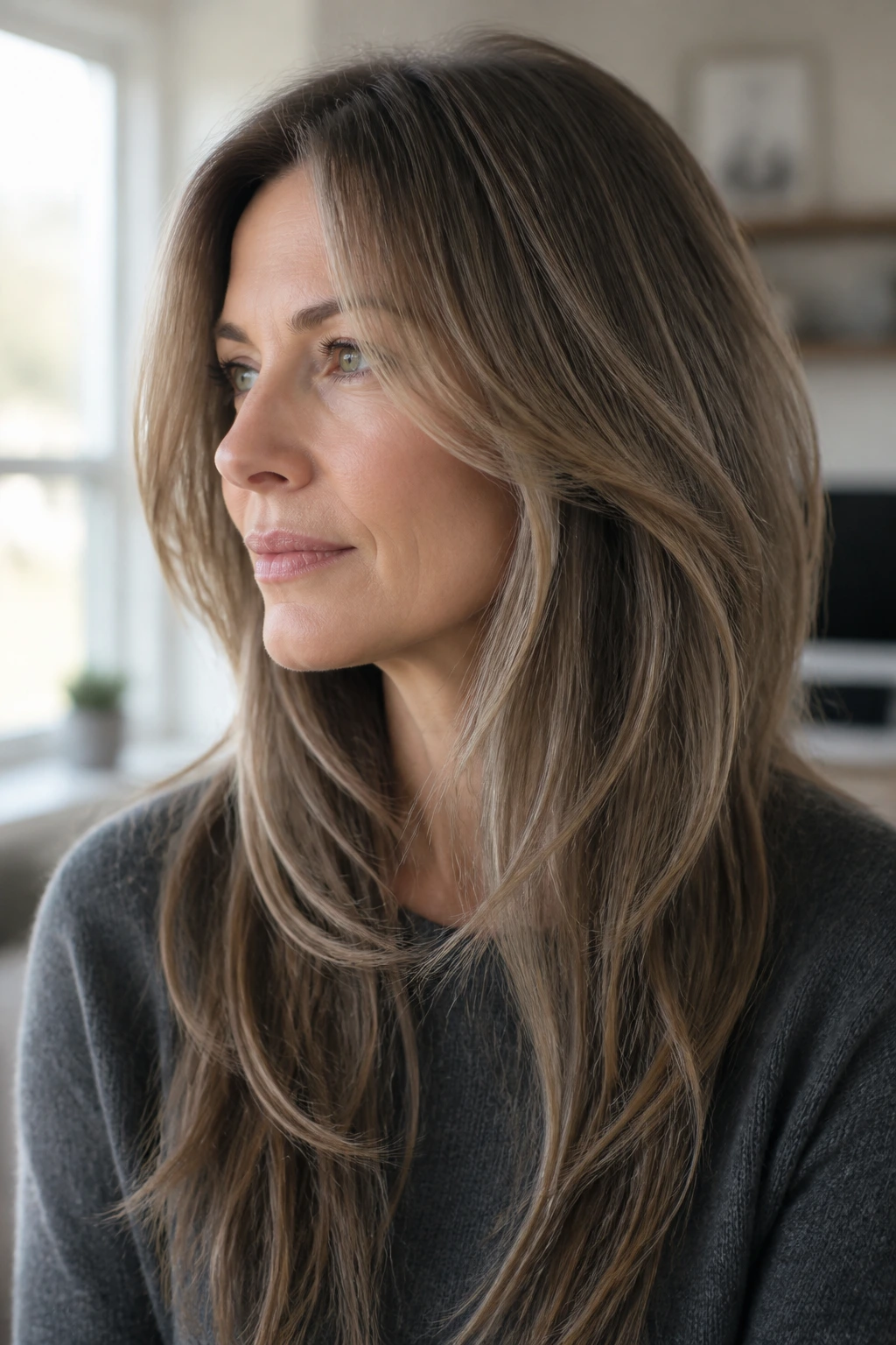 Portrait of a woman with invisible-layer shag showing interior layers and clean outer line