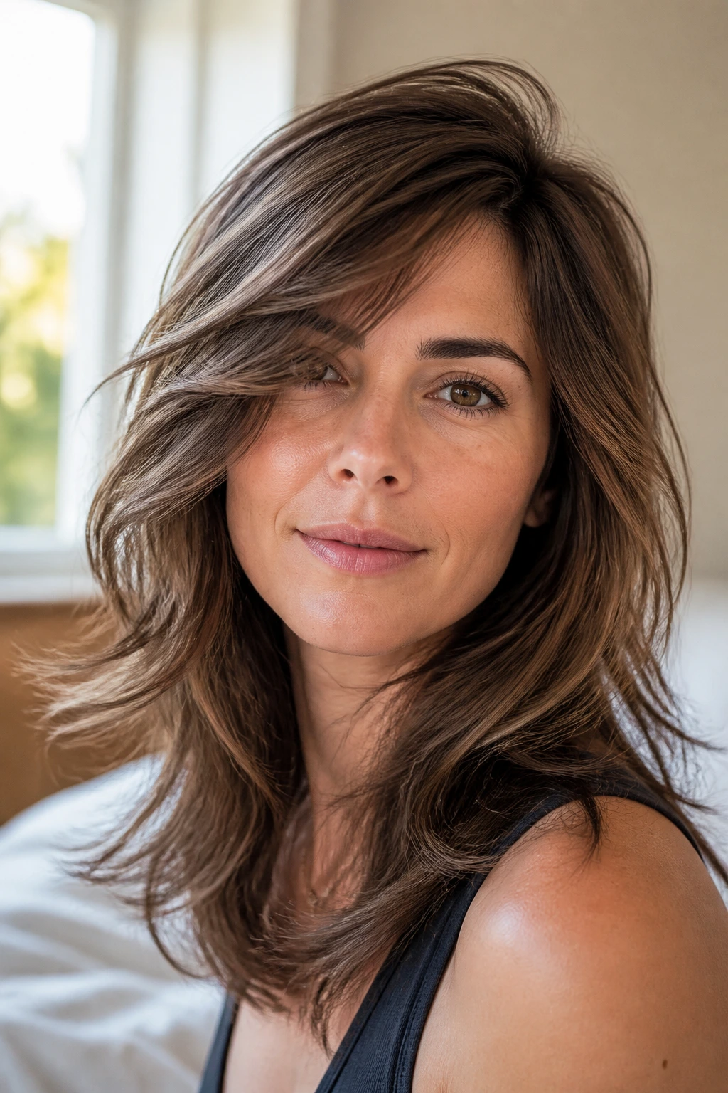 Close-up portrait of a real woman with invisible-layer shag softly moving around the face