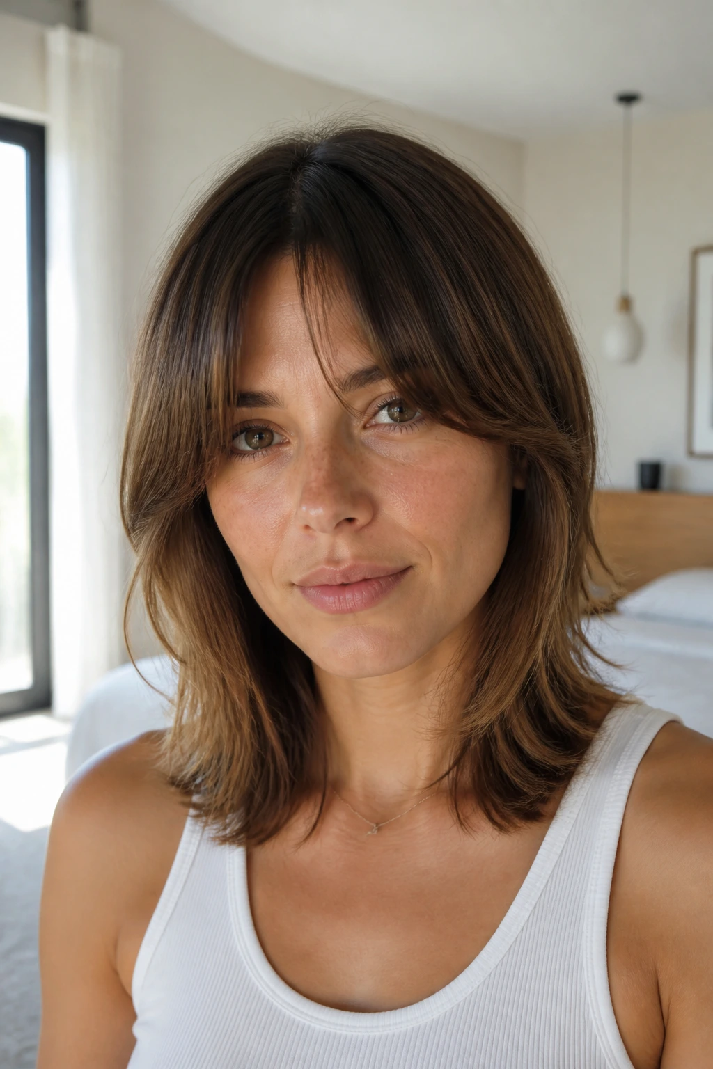 Portrait of a real person with invisible-layer shag, soft frame around face in a bright minimalist room.