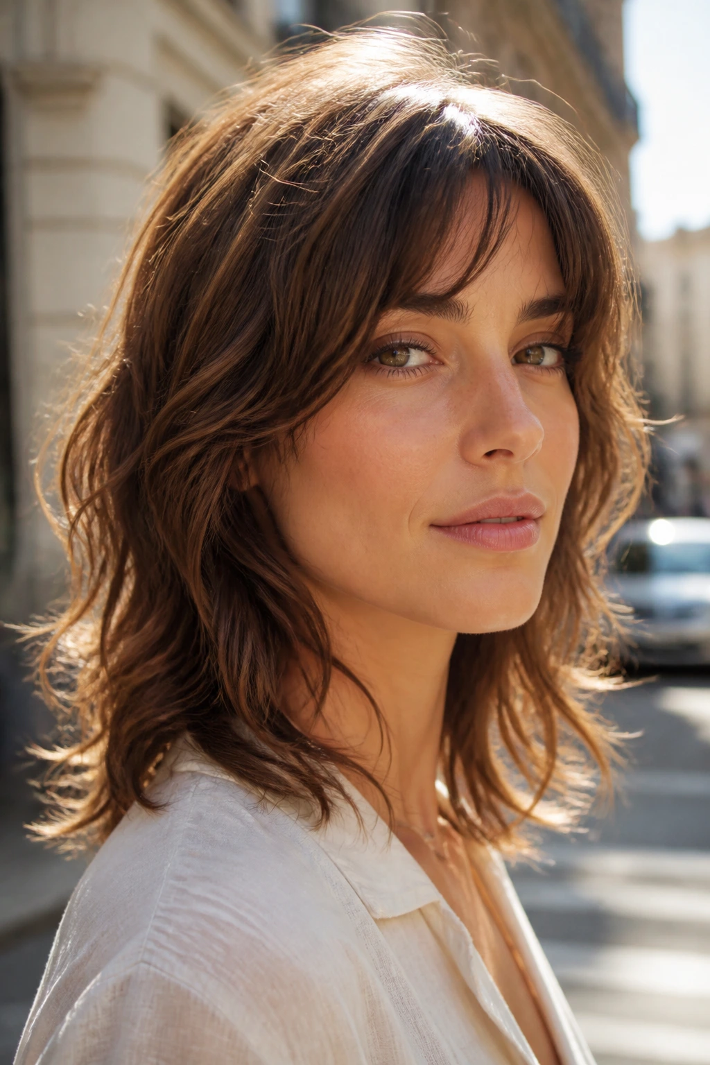 Portrait of woman with invisible-layer shag hairstyle.