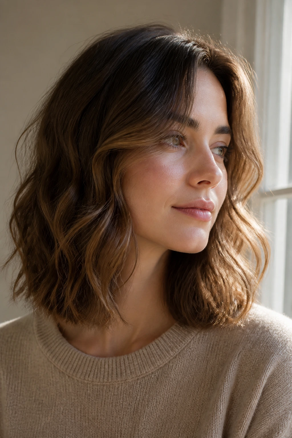 Close-up of a real woman with invisible-layer waves and soft movement