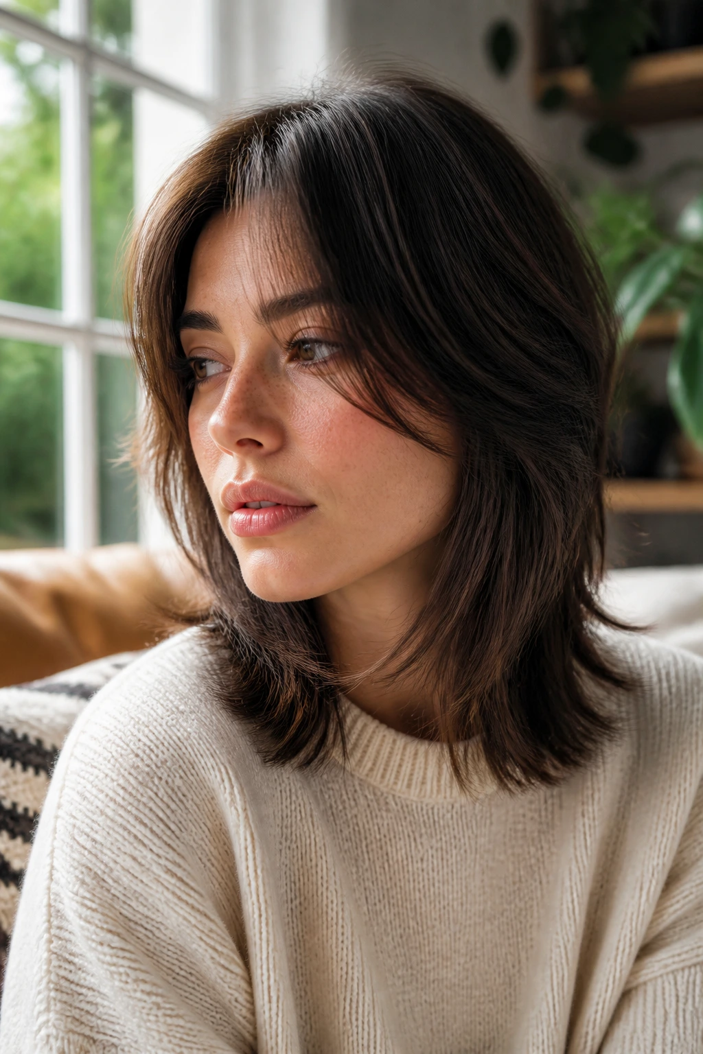 Close-up of a real person with Invisible-Layer Wolf Cut showing smooth exterior and hidden interior lift on medium straight hair, window light.