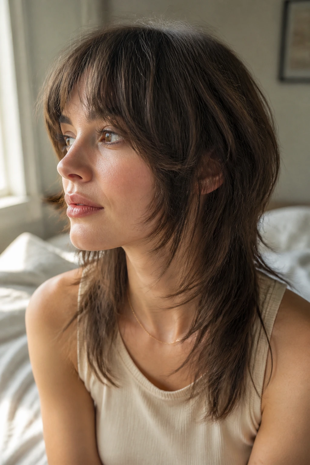 Close-up of real woman with invisible-layer wolf cut showing smooth outer line and subtle inner texture in natural window light