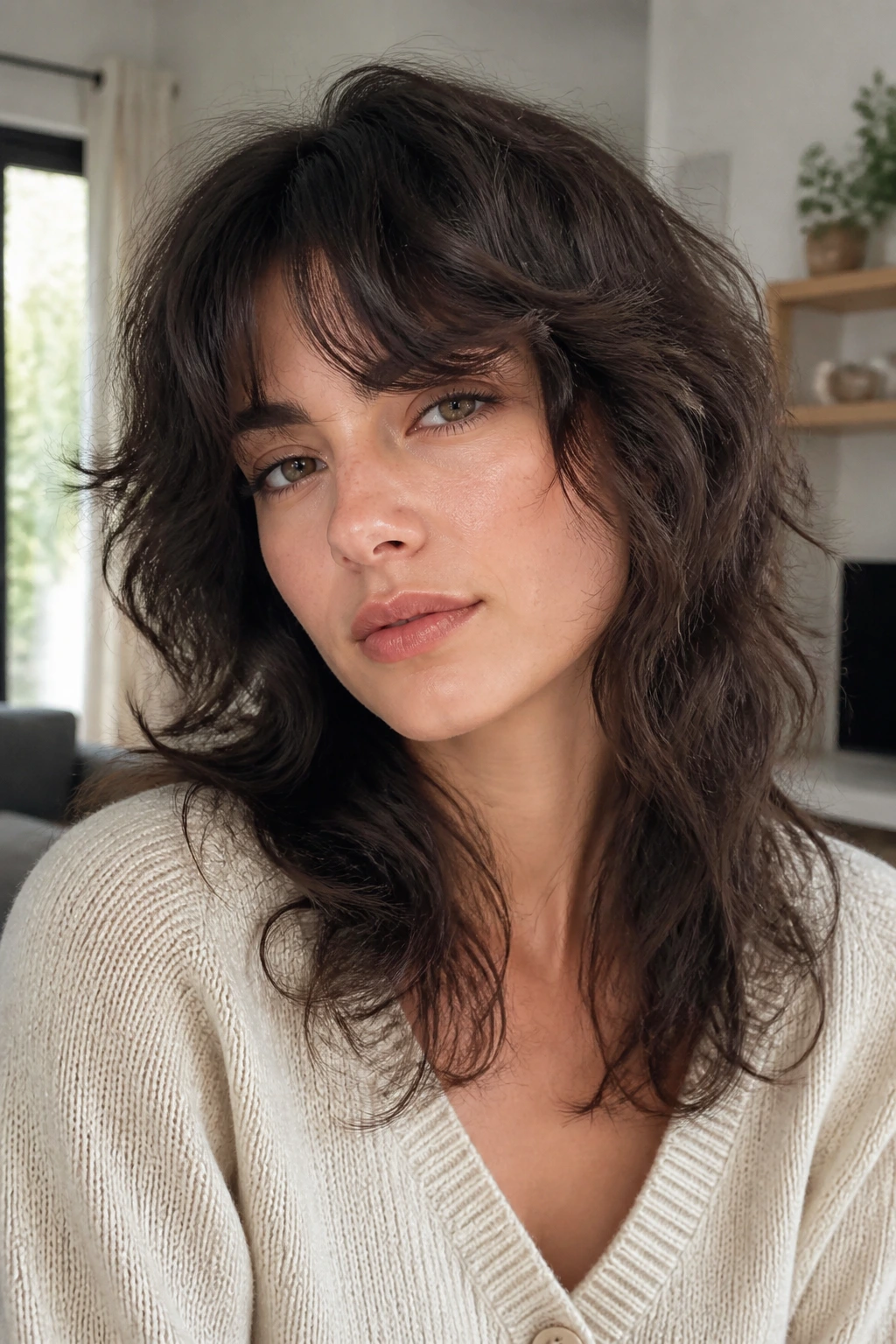 Close-up portrait of a real person with invisible-layer wolf cut showing inner movement and soft silhouette