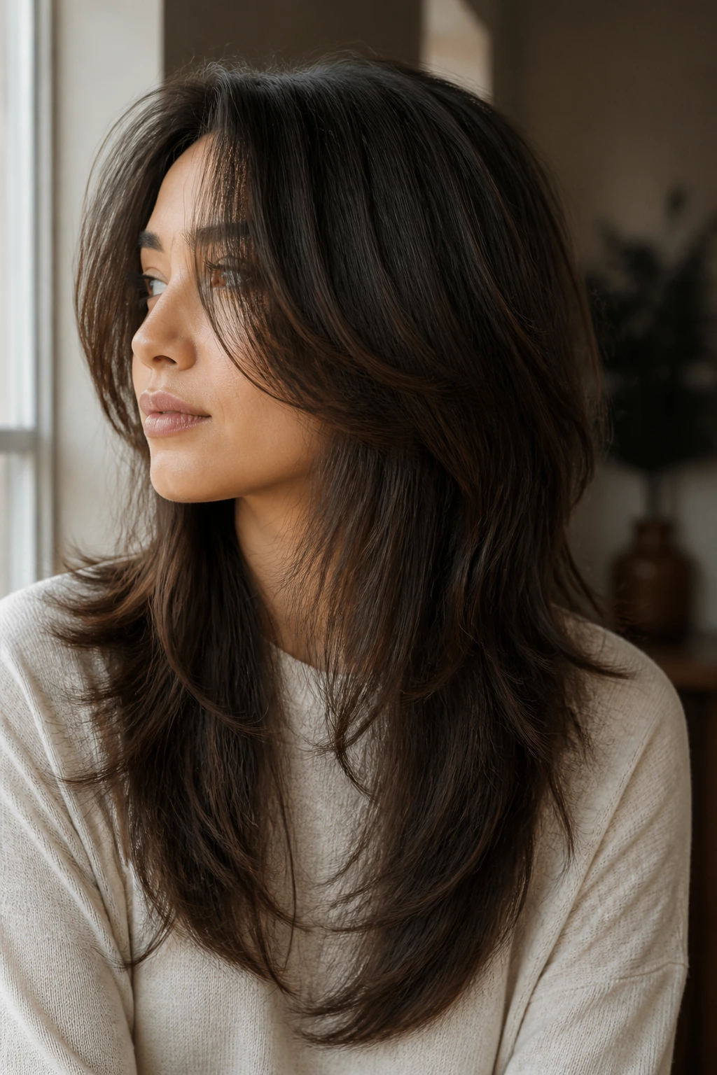 Close-up portrait of a real person with Invisible-Layer Wolf Cut in a cozy window nook