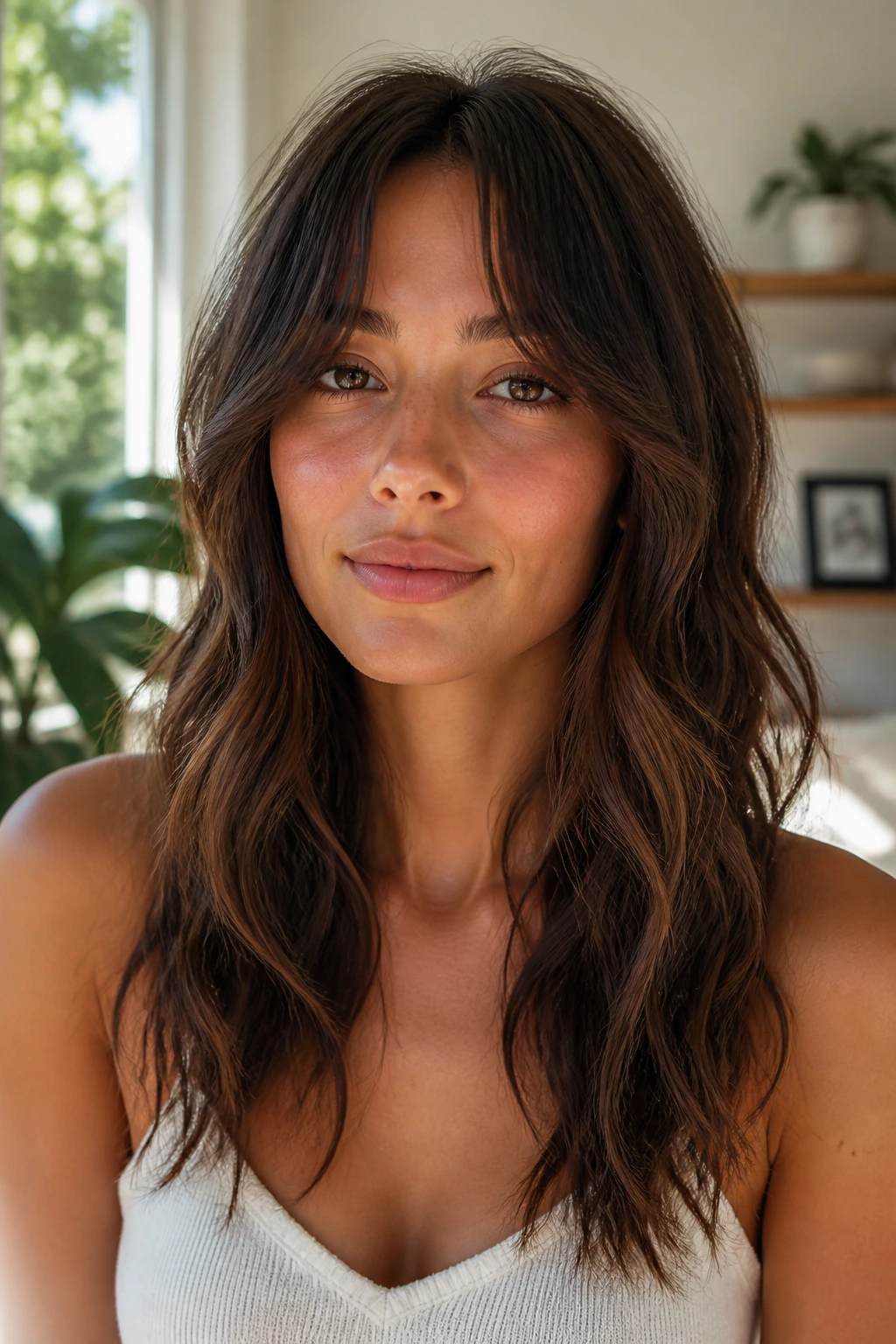 Close-up portrait of a real woman with an Invisible Layer Wolf hairstyle on wavy hair in a sunlit living room.