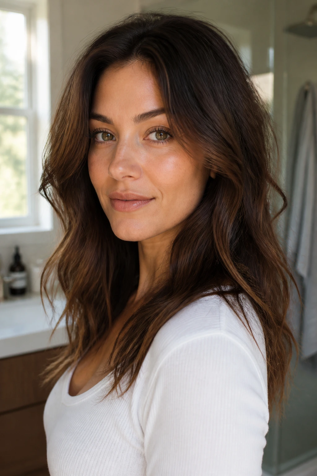 Woman with invisible layers and natural air-dried texture in soft bathroom light