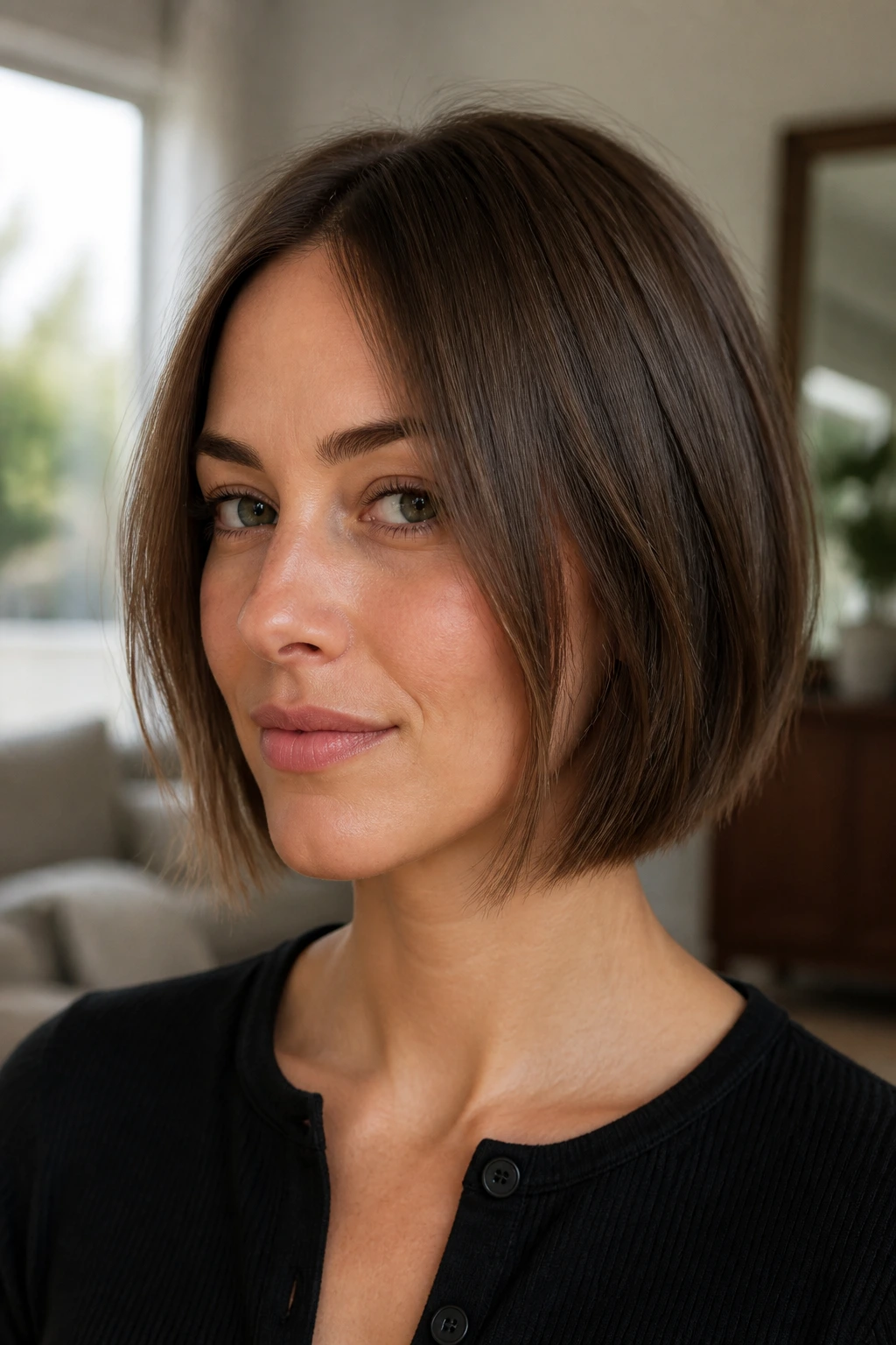 Portrait of a real person with invisible layers in a bob