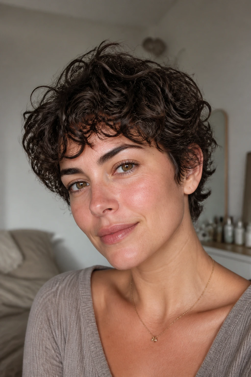 Close-up of a person with cropped curly cut and invisible layers.