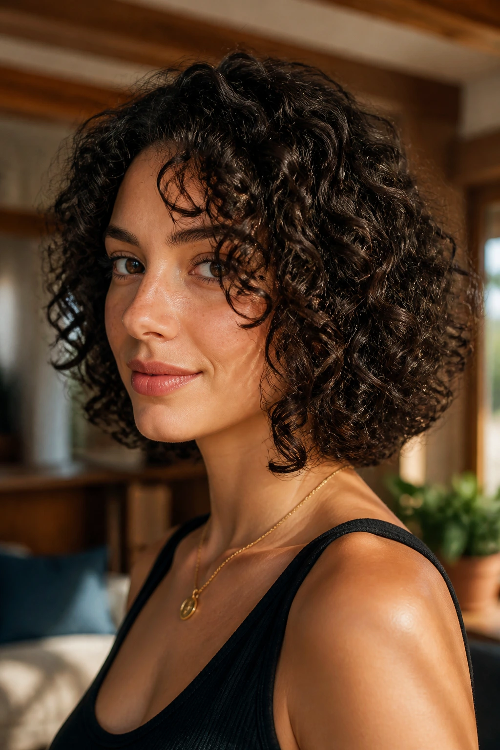 Close-up portrait of a real woman showing hidden layers in a dense curly bob