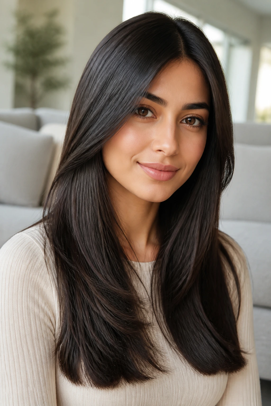 Portrait of a woman with invisible layers in dense long hair.