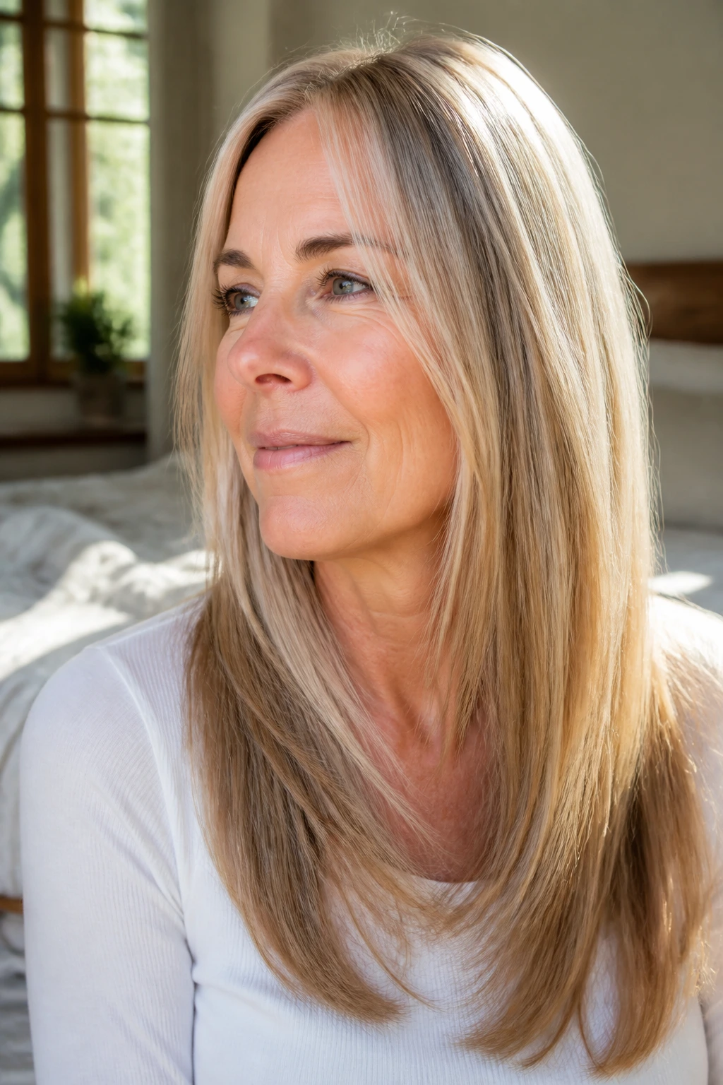 Portrait of real woman with invisible layers in fine straight hair