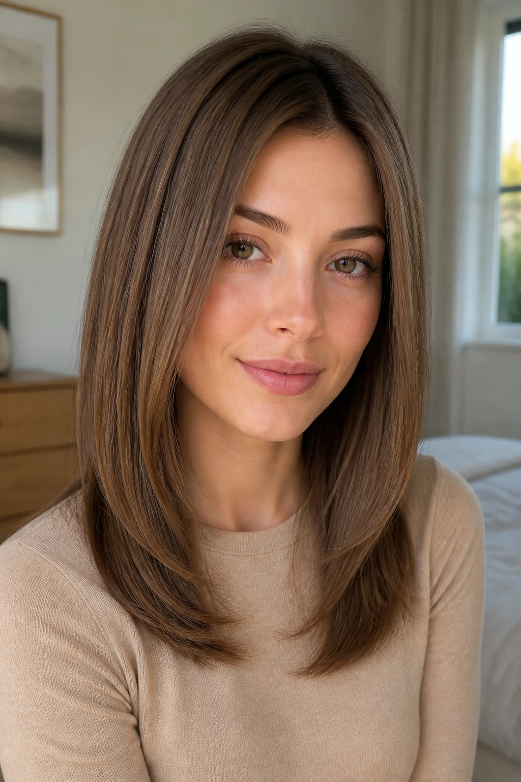 Close-up of a real woman with fine straight hair and invisible layers under soft morning light.