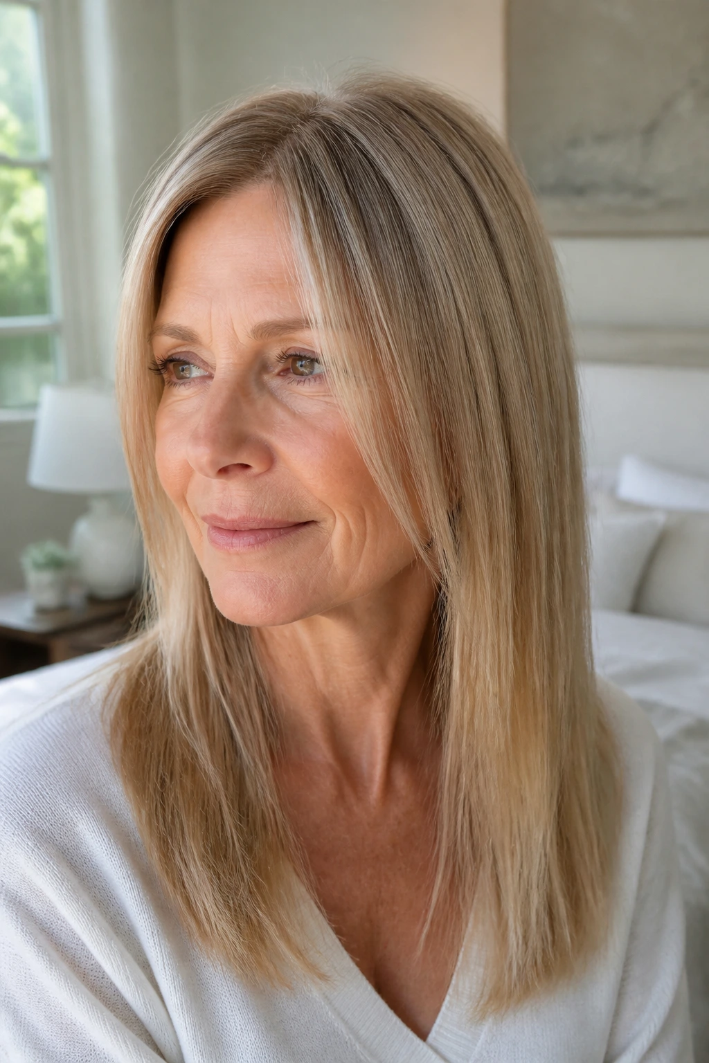 Close-up of a real woman with invisible layers in fine straight hair, crown lift