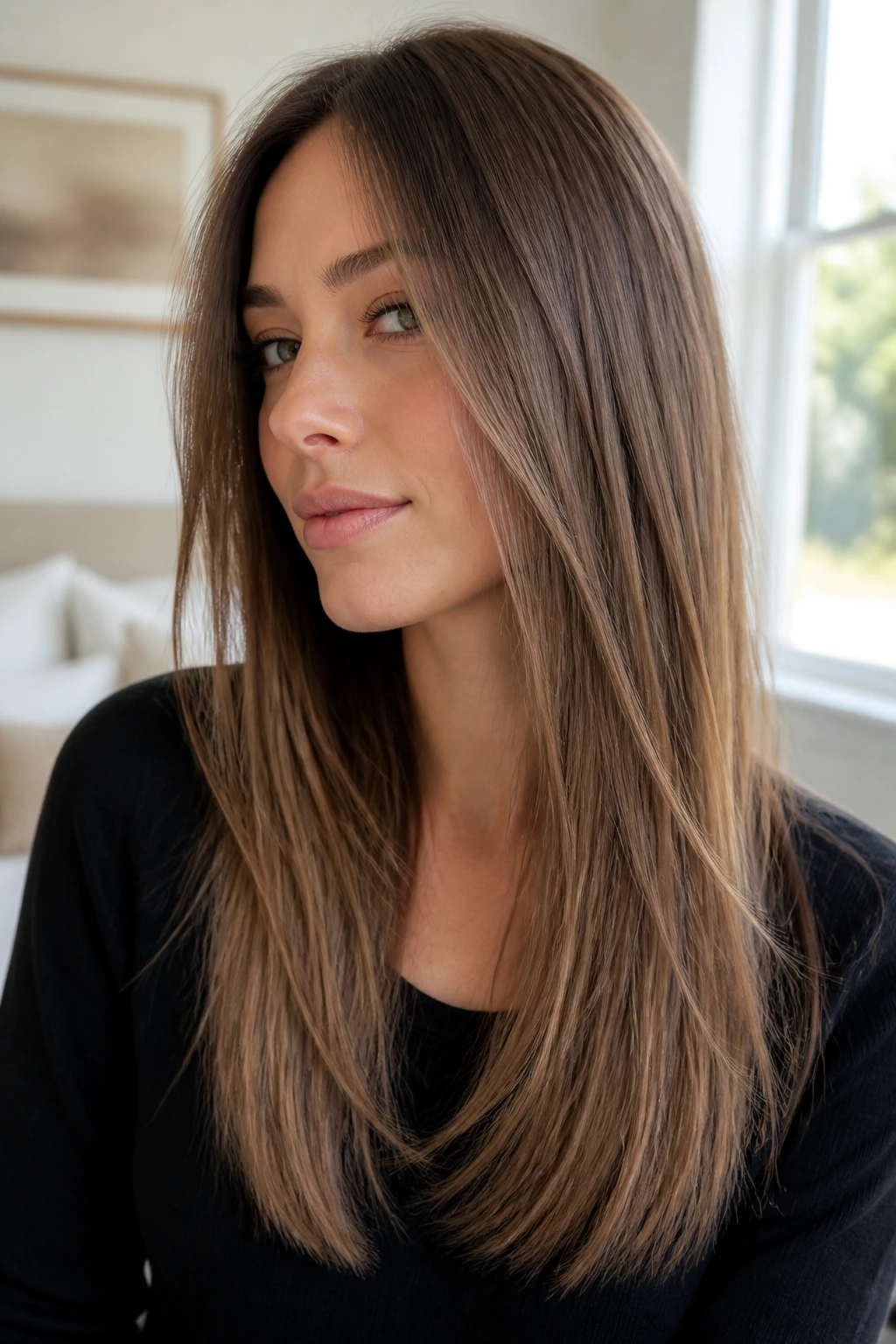 Close-up portrait of a real woman with fine straight hair showing invisible layering in natural window light